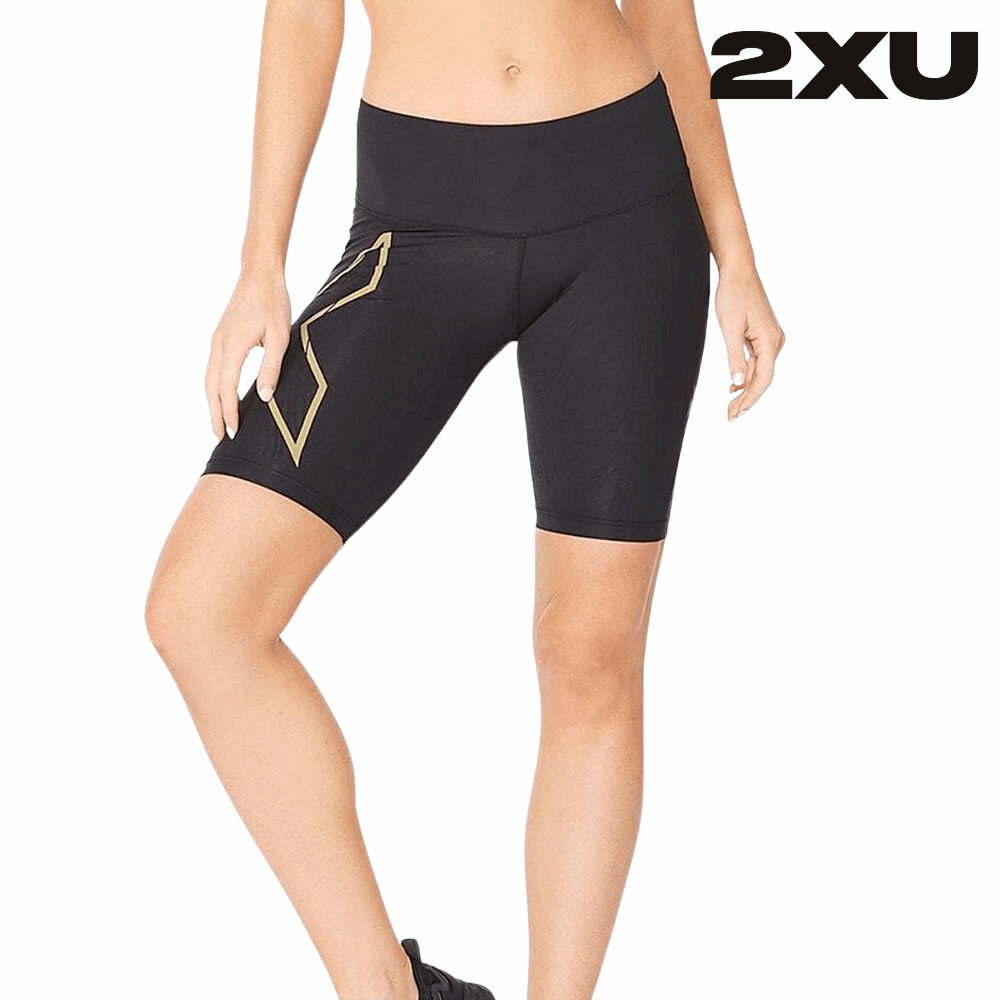 2XU Women Light Speed Mid-Rise Compression Short - Black / Gold Reflective