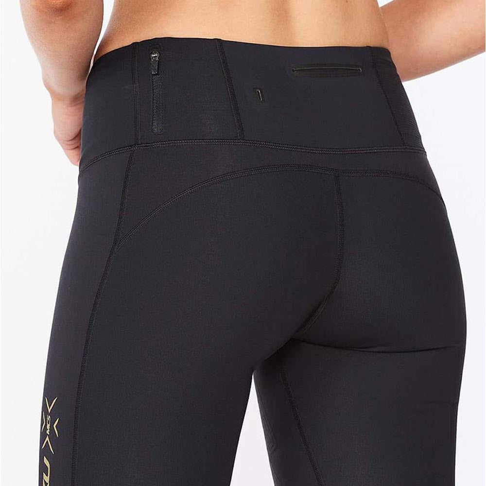 2XU Women Light Speed Mid-Rise Compression Short - Black / Gold Reflective