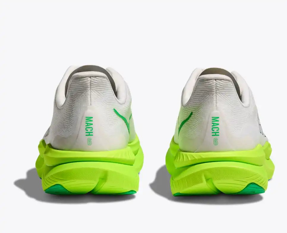 Explore HOKA Men Mach 6 - White / Neon Lime for trail, outdoor & lifestyle use | Liv Activ Singapore
