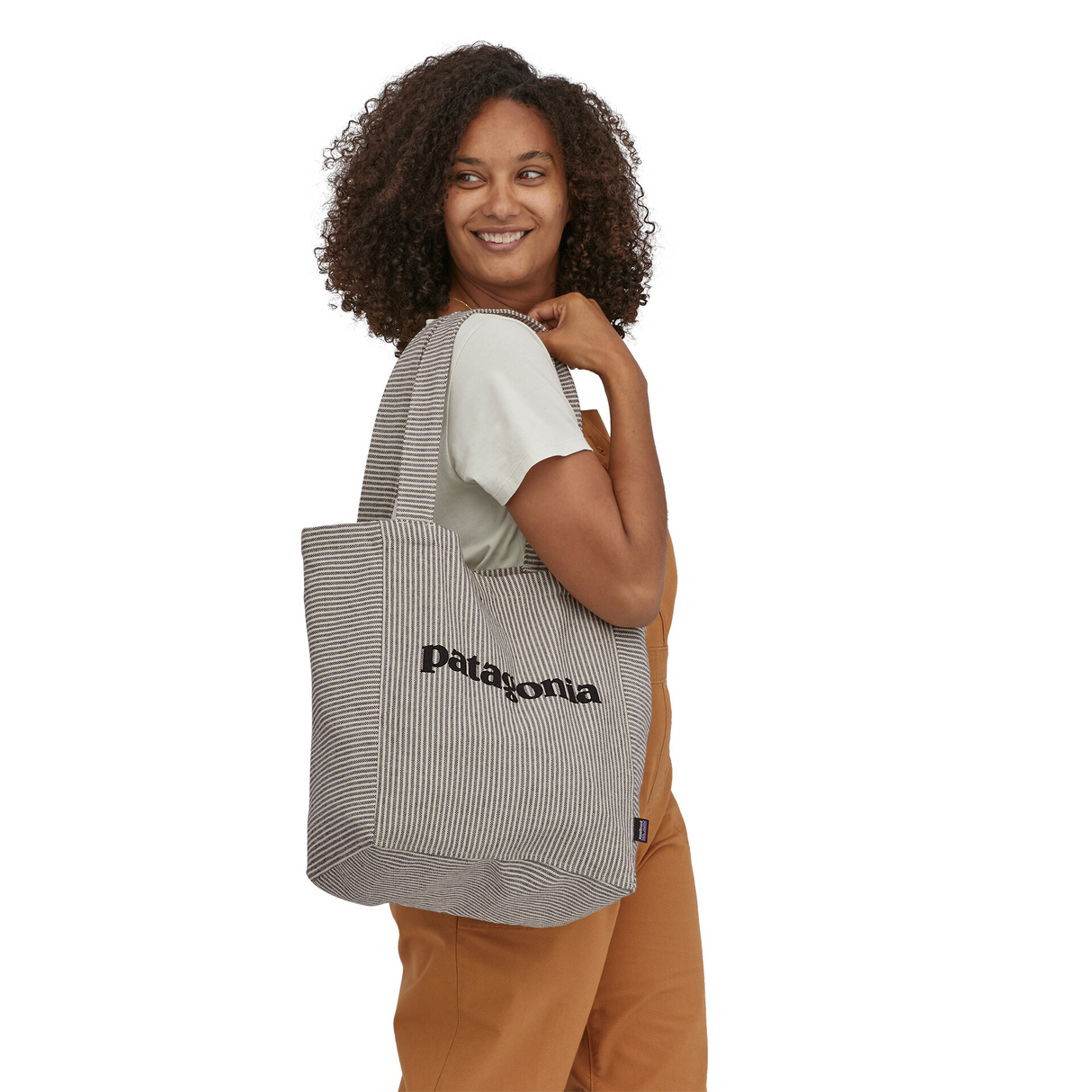 Explore Patagonia Recycled Market Tote - '73 Text Logo: Classic Tan for trail, outdoor & lifestyle use | Liv Activ Singapore