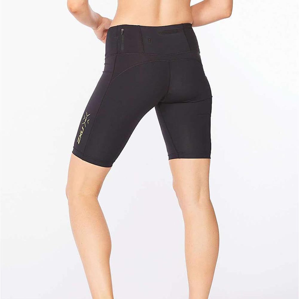 2XU Women Light Speed Mid-Rise Compression Short - Black / Gold Reflective