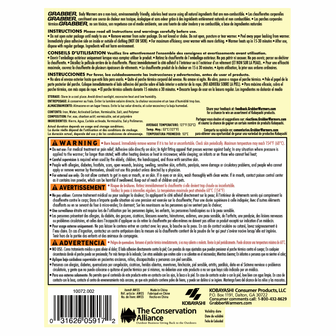 Explore (10 Packs) Grabber Adhesive Body Warmer - 12 Hours - Expires Sept 2026 for trail, outdoor & lifestyle use | Liv Activ Singapore