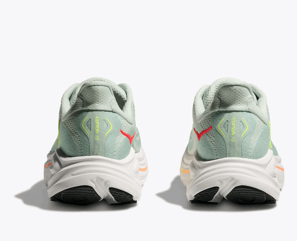 Explore HOKA Women Clifton 10 - Sea Glass / Neon Flame for trail, outdoor & lifestyle use | Liv Activ Singapore