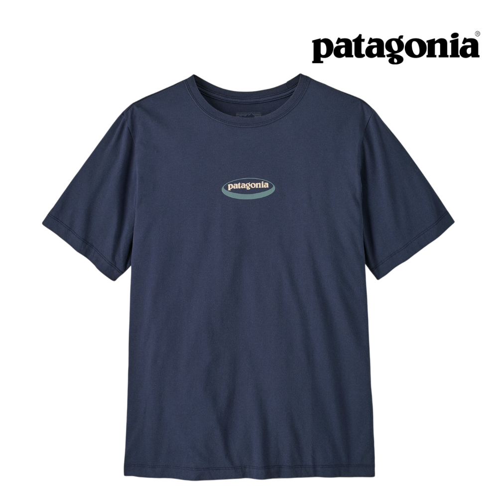 Explore Patagonia Men '95 Oval Logo T-Shirt - New Navy: Kaleido for trail, outdoor & lifestyle use | Liv Activ Singapore