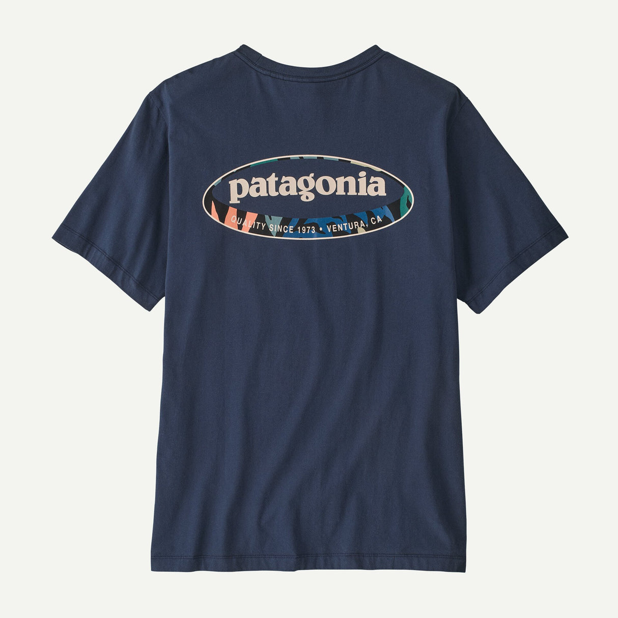 Explore Patagonia Men '95 Oval Logo T-Shirt - New Navy: Kaleido for trail, outdoor & lifestyle use | Liv Activ Singapore