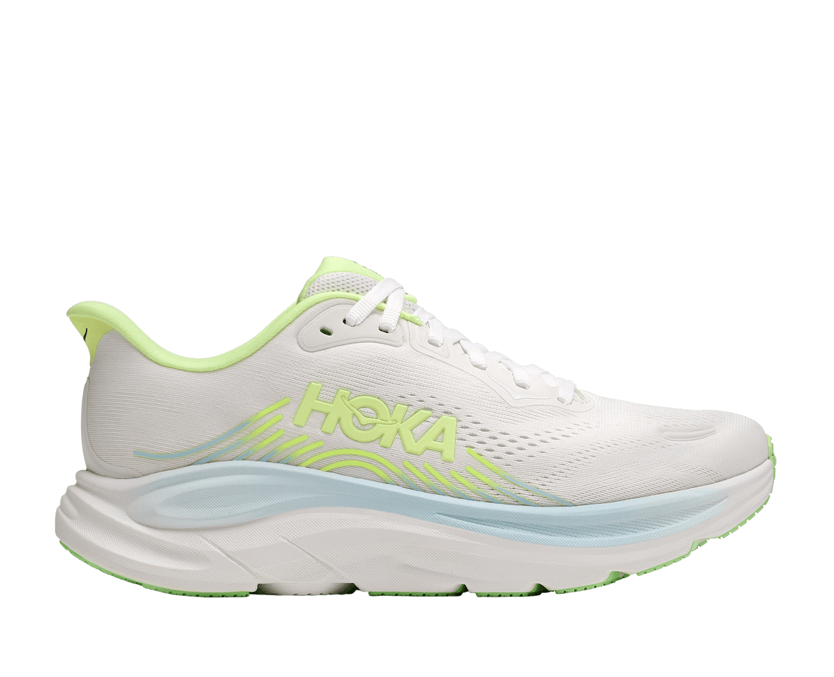 Explore HOKA Women Clifton 11 Wide - Frost / Neon Yuzu for trail, outdoor & lifestyle use | Liv Activ Singapore