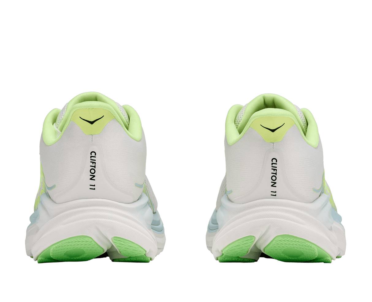 Explore HOKA Women Clifton 11 Wide - Frost / Neon Yuzu for trail, outdoor & lifestyle use | Liv Activ Singapore