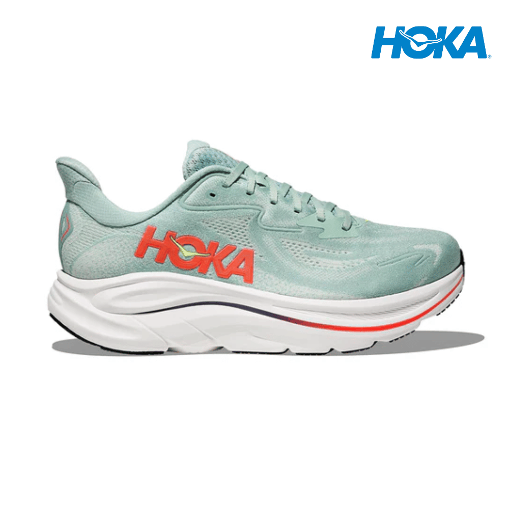 Explore HOKA Men Clifton 10 - Sage / Neon Flame for trail, outdoor & lifestyle use | Liv Activ Singapore