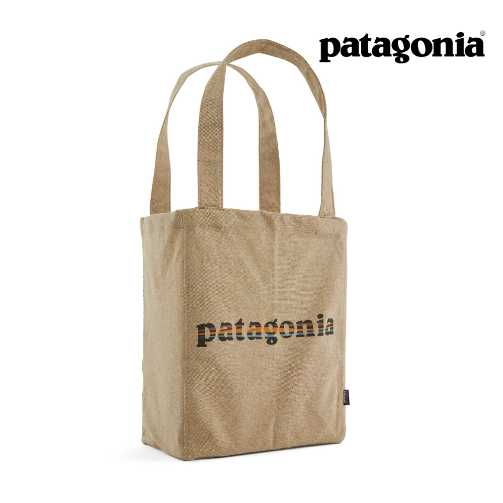 Explore Patagonia Recycled Market Tote - '73 Text Logo: Classic Tan Classic Tan for trail, outdoor & lifestyle use | Liv Activ Singapore
