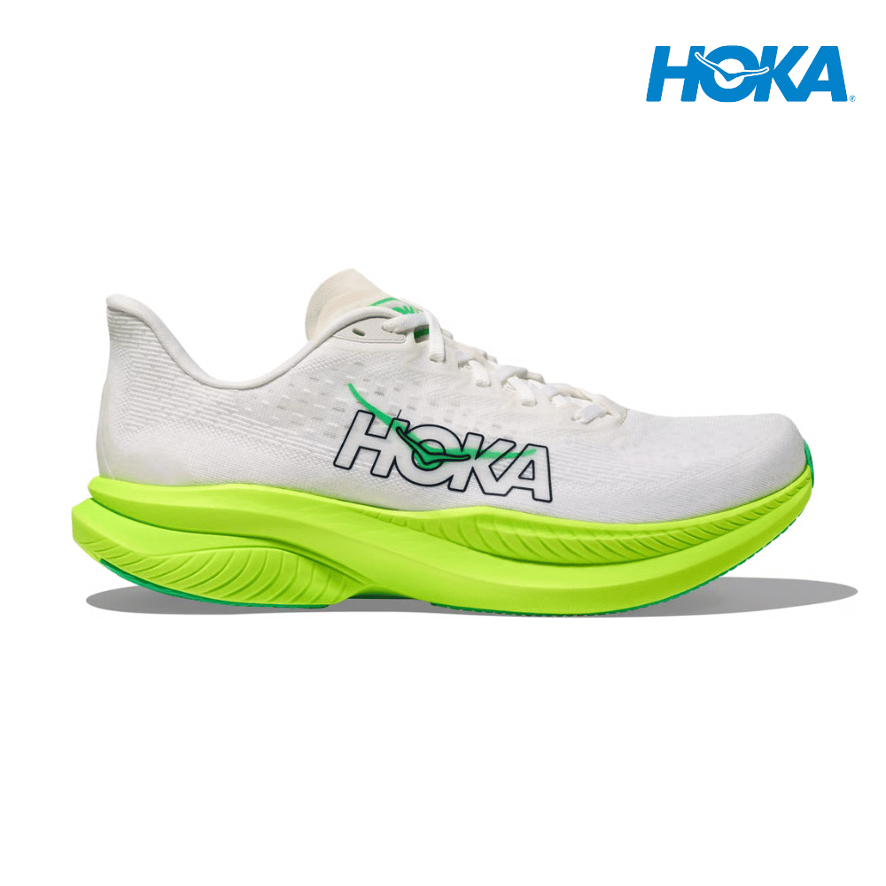 Explore HOKA Men Mach 6 - White / Neon Lime for trail, outdoor & lifestyle use | Liv Activ Singapore