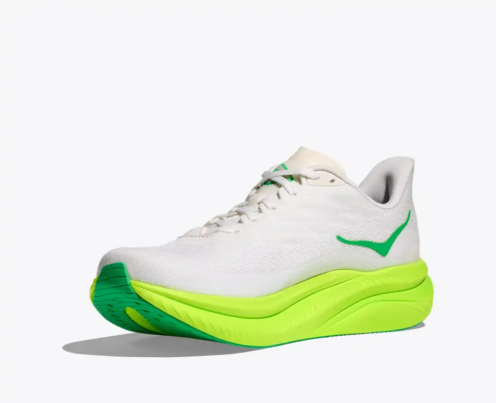 Explore HOKA Men Mach 6 - White / Neon Lime for trail, outdoor & lifestyle use | Liv Activ Singapore