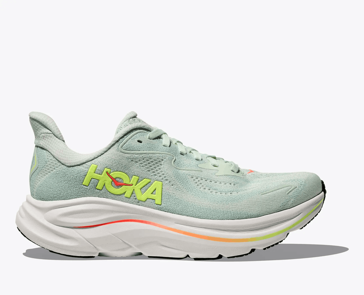 Explore HOKA Women Clifton 10 - Sea Glass / Neon Flame for trail, outdoor & lifestyle use | Liv Activ Singapore