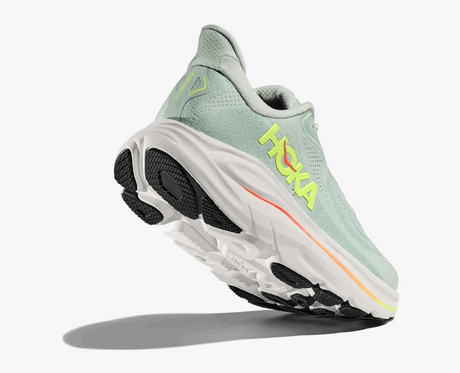Explore HOKA Women Clifton 10 - Sea Glass / Neon Flame for trail, outdoor & lifestyle use | Liv Activ Singapore
