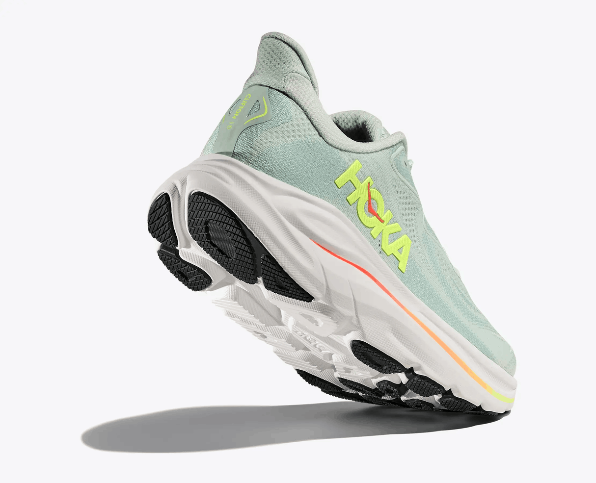 Explore HOKA Women Clifton 10 - Sea Glass / Neon Flame for trail, outdoor & lifestyle use | Liv Activ Singapore