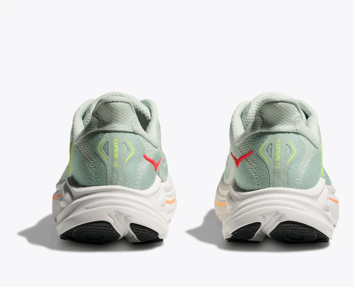 Explore HOKA Women Clifton 10 - Sea Glass / Neon Flame for trail, outdoor & lifestyle use | Liv Activ Singapore