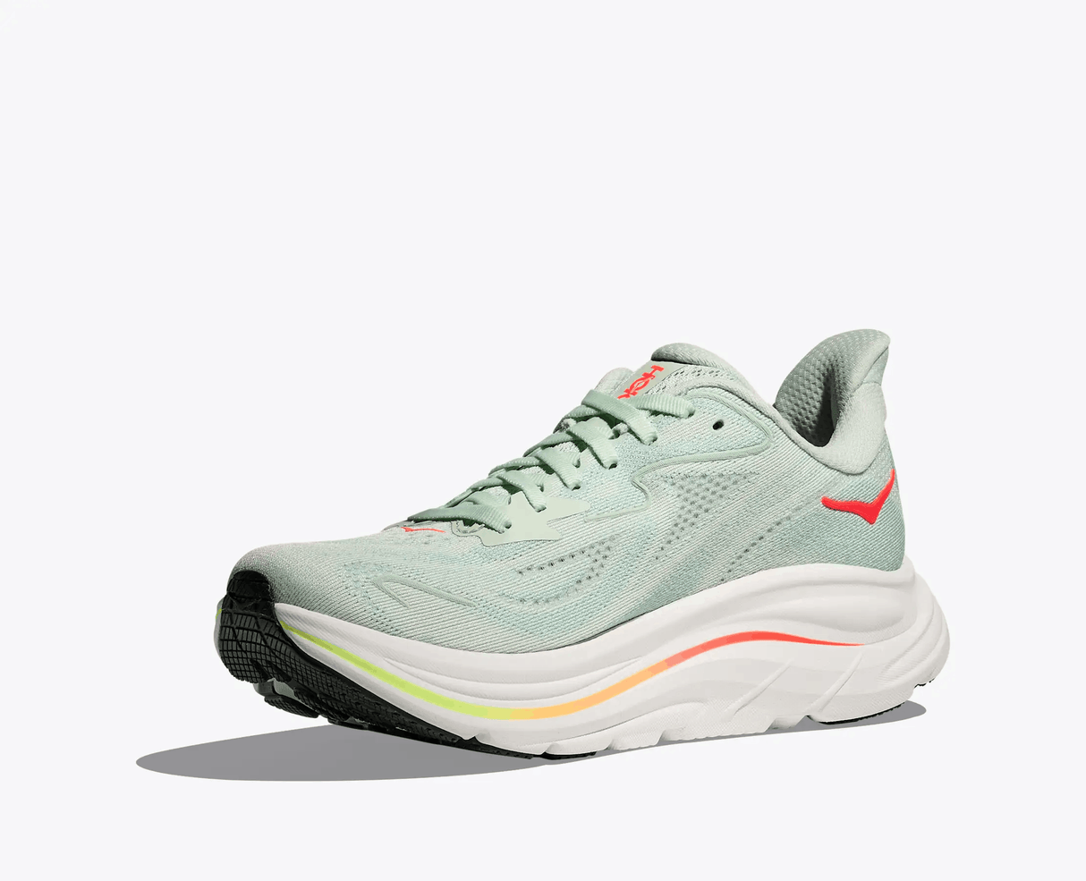 Explore HOKA Women Clifton 10 - Sea Glass / Neon Flame for trail, outdoor & lifestyle use | Liv Activ Singapore