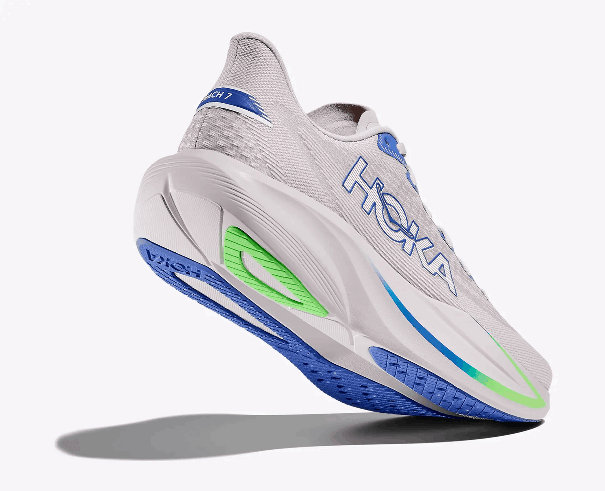 Explore HOKA Men Mach 7 Wide - Ash Grey / Cobalt Blue for trail, outdoor & lifestyle use | Liv Activ Singapore
