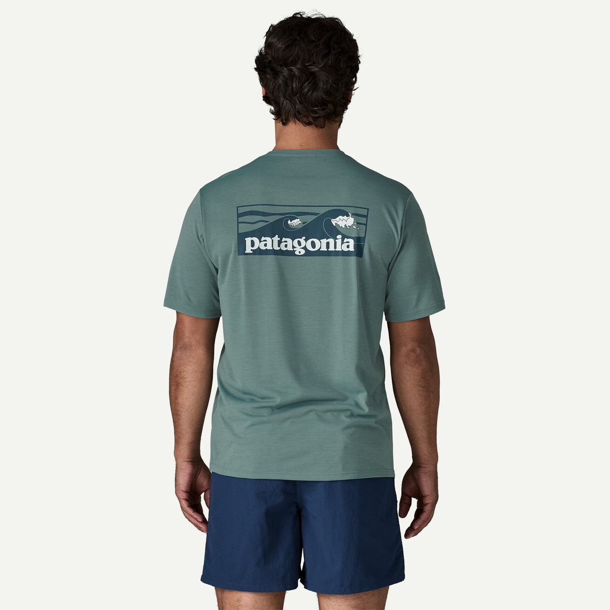 Explore Patagonia Men Men's Capilene® Cool Daily Shirt - Boardshort Logo - Blue Sage - Light Blue Sage X-Dye for trail, outdoor & lifestyle use | Liv Activ Singapore