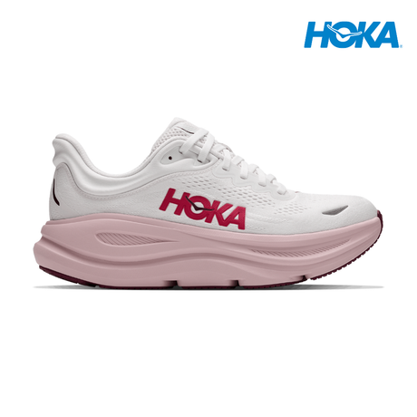 Explore HOKA Women Bondi 9 Wide - White / Pink Opal for trail, outdoor & lifestyle use | Liv Activ Singapore