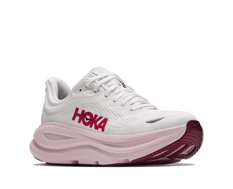 Explore HOKA Women Bondi 9 Wide - White / Pink Opal for trail, outdoor & lifestyle use | Liv Activ Singapore