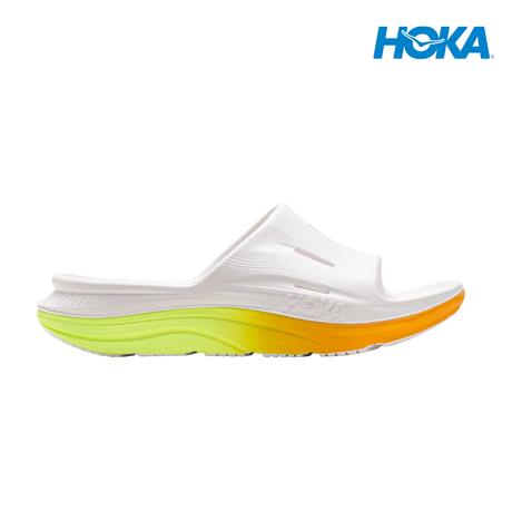 Explore HOKA Unisex Ora Recovery Slide 3 - White / Neon Yuzu for trail, outdoor & lifestyle use | Liv Activ Singapore