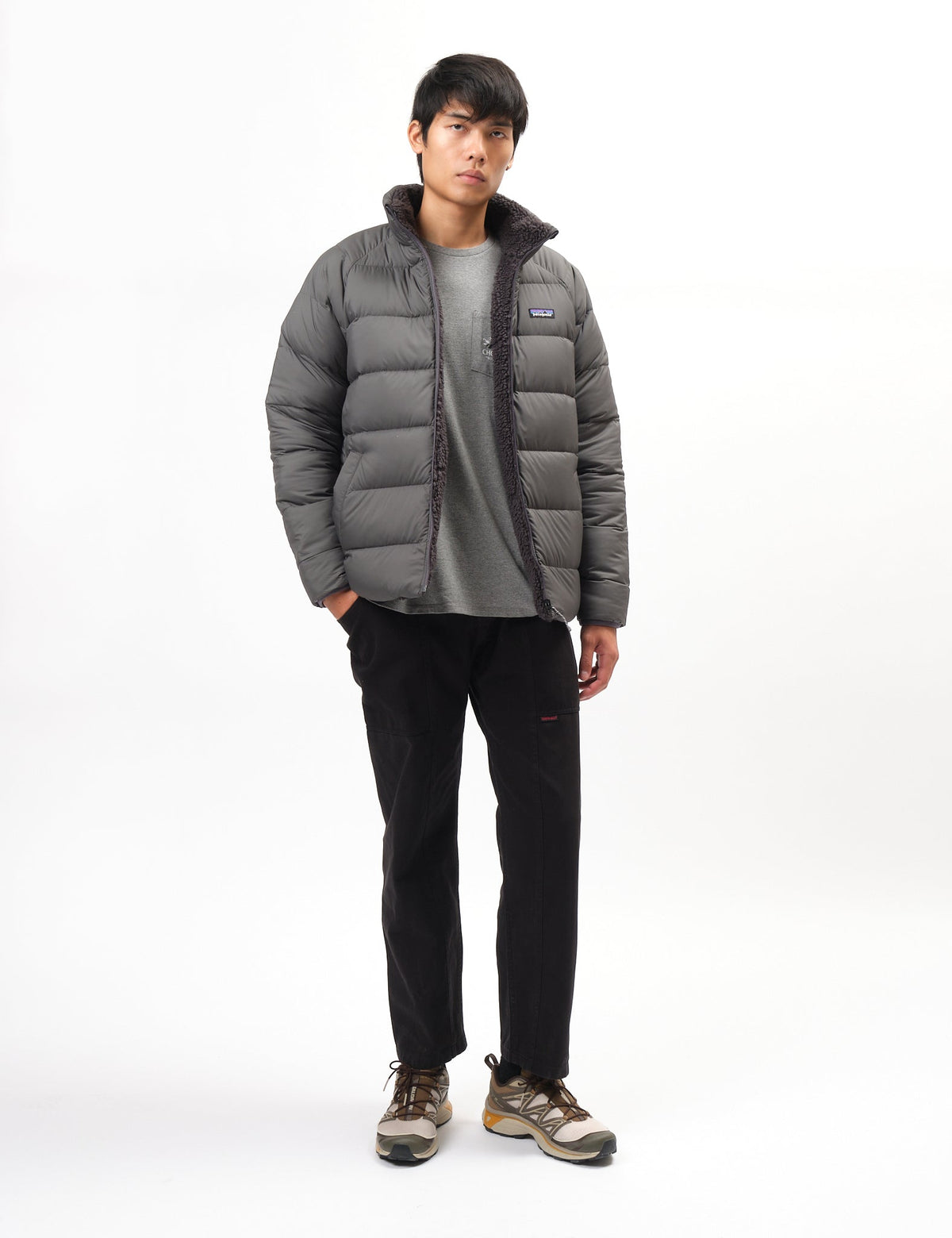 Explore Patagonia Men Reversible Silent Down Jacket - Forge Grey for trail, outdoor & lifestyle use | Liv Activ Singapore