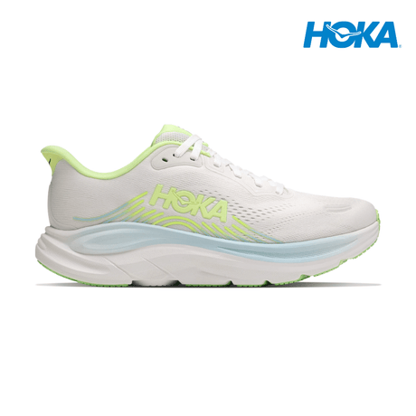 Explore HOKA Women Clifton 11 Wide - Frost / Neon Yuzu for trail, outdoor & lifestyle use | Liv Activ Singapore