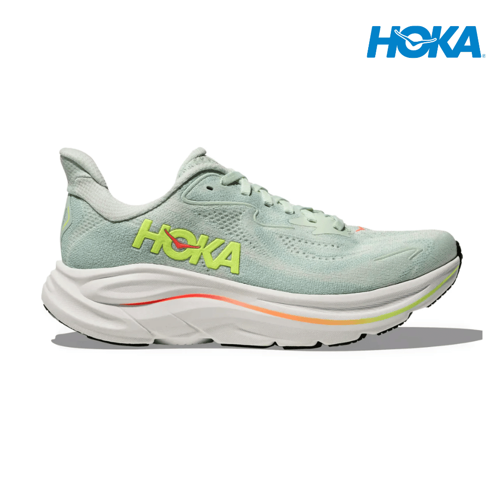 Explore HOKA Women Clifton 10 - Sea Glass / Neon Flame for trail, outdoor & lifestyle use | Liv Activ Singapore