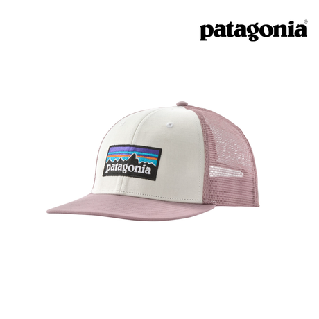 Explore Patagonia P-6 Logo Trucker Hat - White with Quiet Violet for trail, outdoor & lifestyle use | Liv Activ Singapore