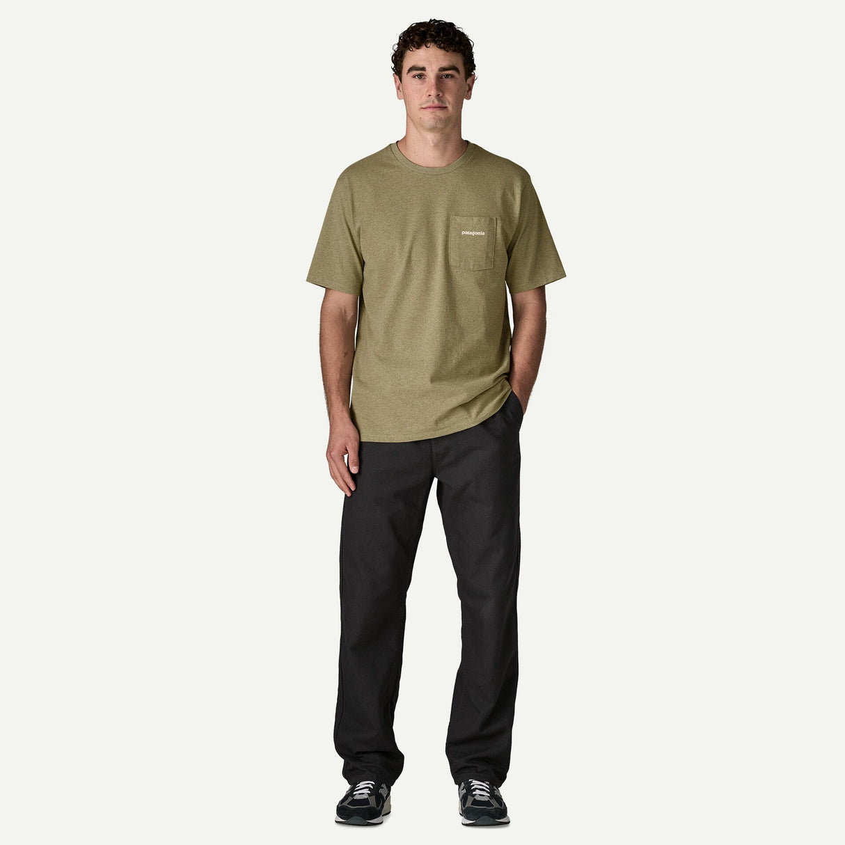 Explore Patagonia Men Boardshort Logo Pocket Responsibili-Tee - Gumtree Green for trail, outdoor & lifestyle use | Liv Activ Singapore
