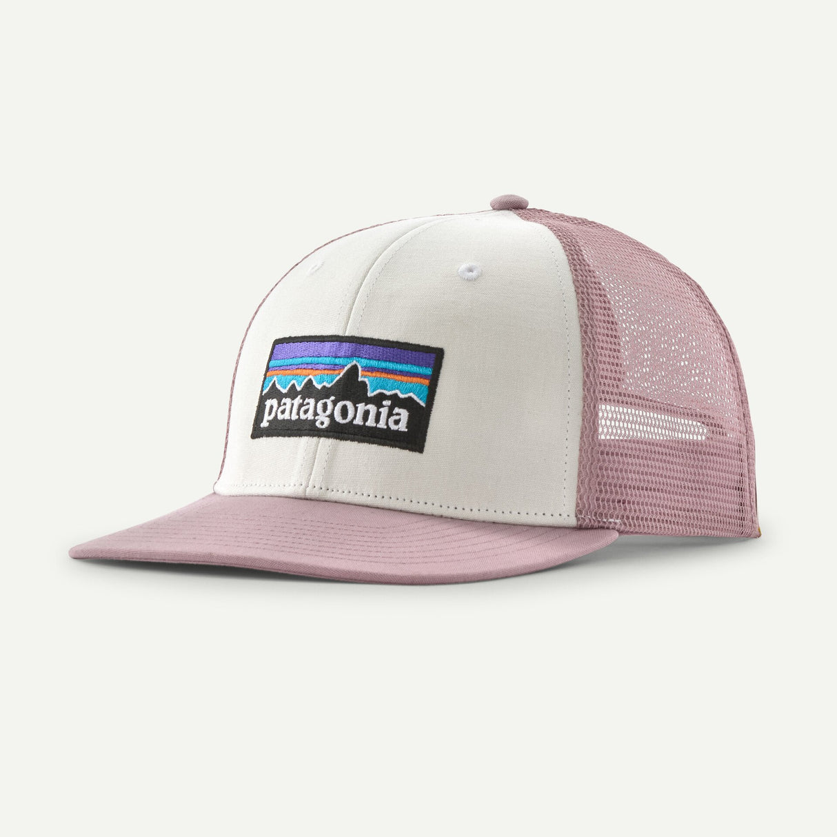 Explore Patagonia P-6 Logo Trucker Hat - White with Quiet Violet for trail, outdoor & lifestyle use | Liv Activ Singapore