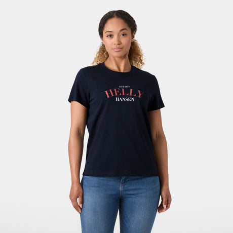 Explore Helly Hansen Women Core Graphic T-shirt 2.0 - Navy for trail, outdoor & lifestyle use | Liv Activ Singapore