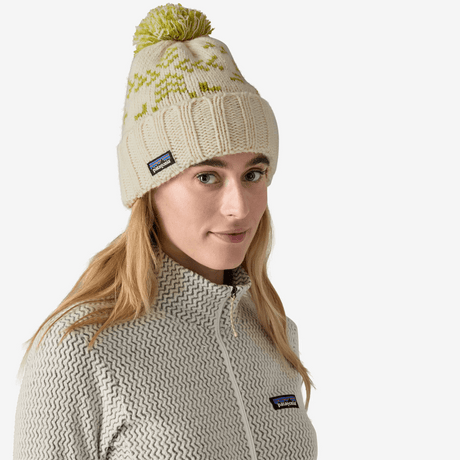 Explore Patagonia Unisex Snowbelle Beanie - Evergreen Flakes: Birch White for trail, outdoor & lifestyle use | Liv Activ Singapore