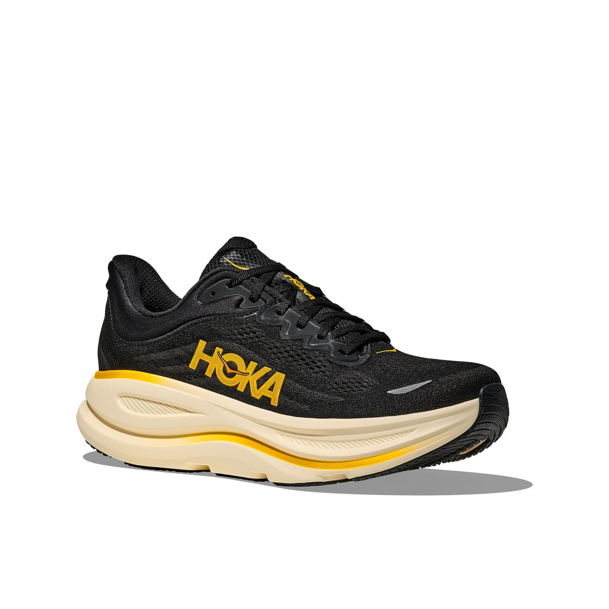Explore HOKA Men Bondi 9 Wide - Carbon Black / Yellow Gold for trail, outdoor & lifestyle use | Liv Activ Singapore