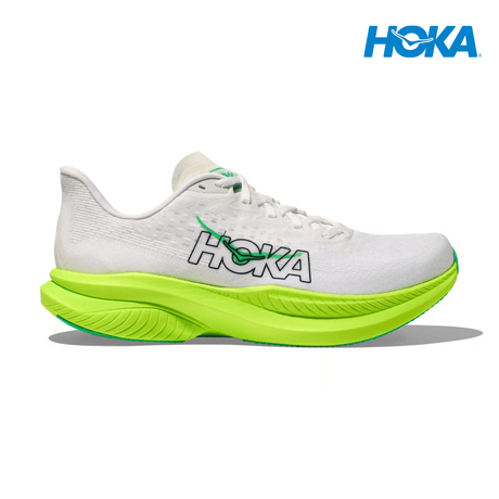 Explore HOKA Men Mach 6 - White / Neon Lime for trail, outdoor & lifestyle use | Liv Activ Singapore