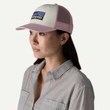 Explore Patagonia P-6 Logo Trucker Hat - White with Quiet Violet for trail, outdoor & lifestyle use | Liv Activ Singapore