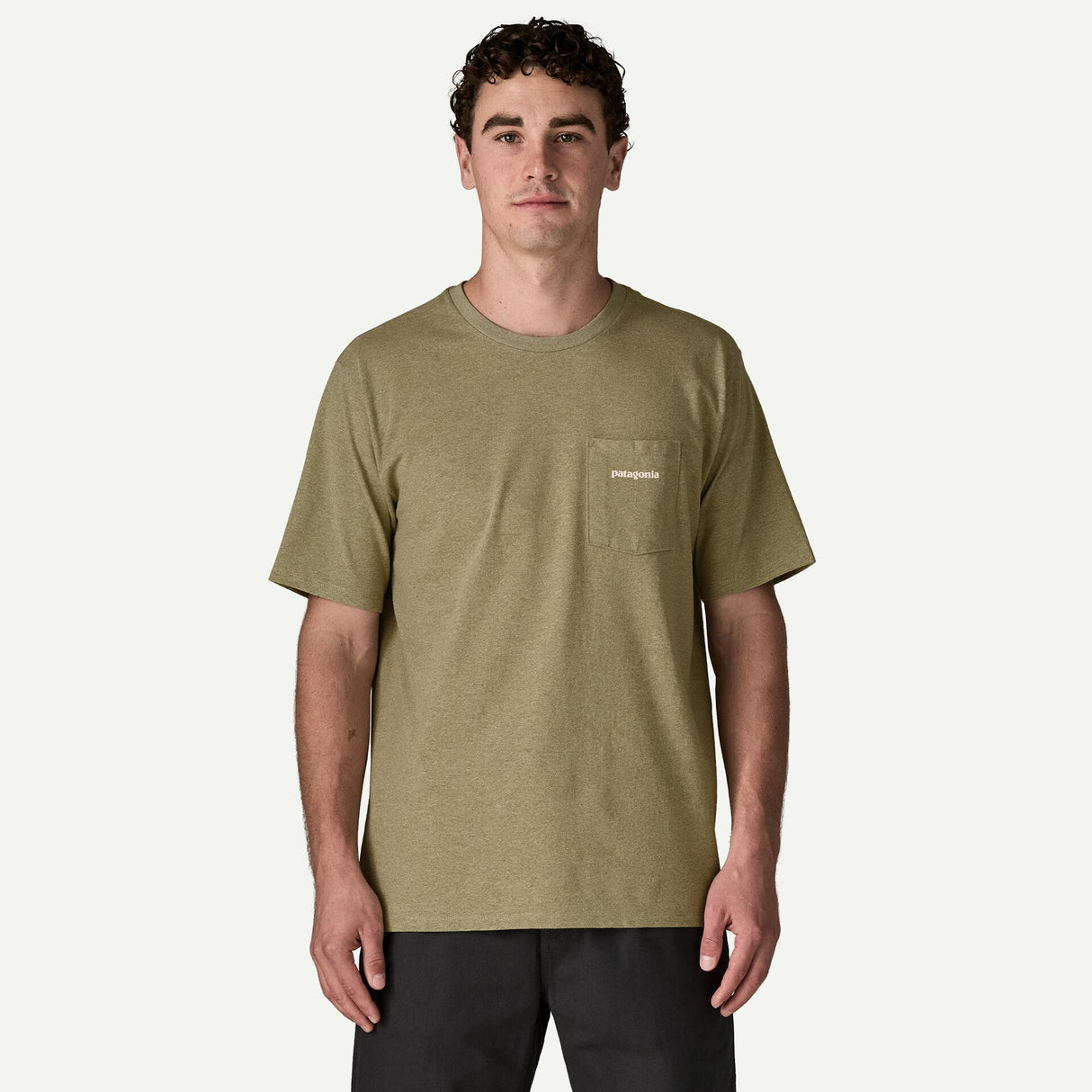 Explore Patagonia Men Boardshort Logo Pocket Responsibili-Tee - Gumtree Green for trail, outdoor & lifestyle use | Liv Activ Singapore